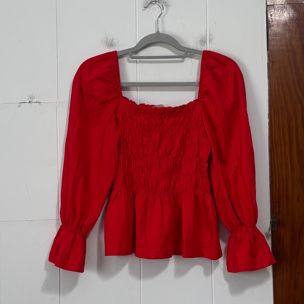 HM Red Smocked Puff Sleeve Peplum Top Square Neck Blouse Small
